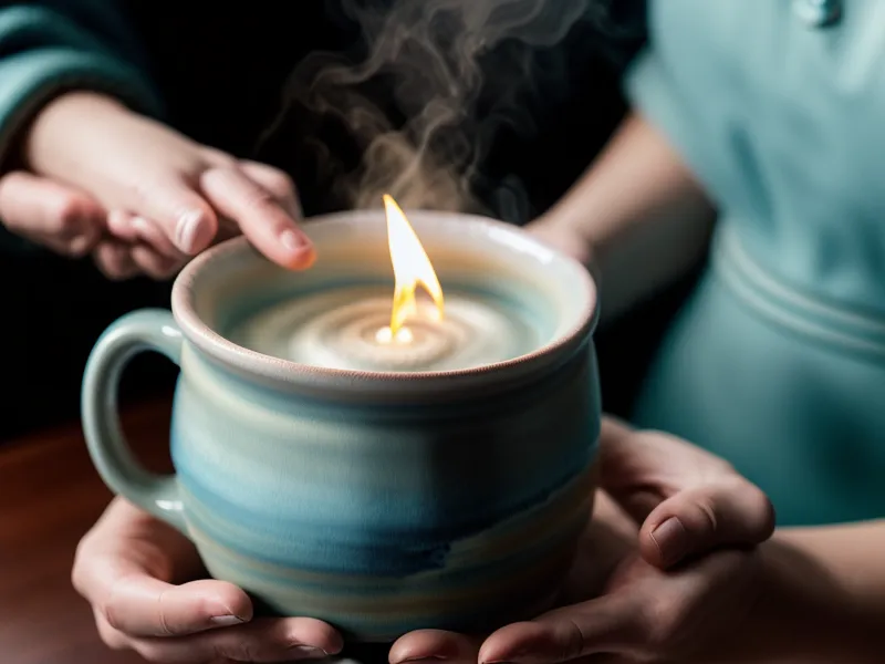 Hands holding tea beside a glowing natal chart wheel showing 12th house placements on a monitor
