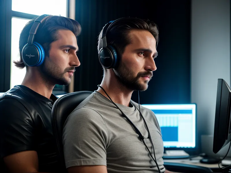 A man wearing headphones meditating in front of a computer screen.