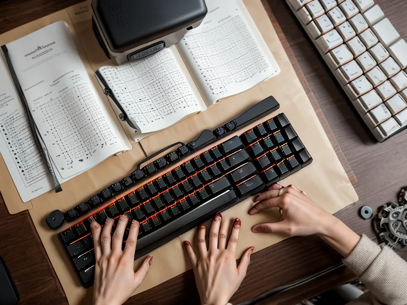 Close-up of an astrology chart and mechanical keyboard on a dark wooden desk.