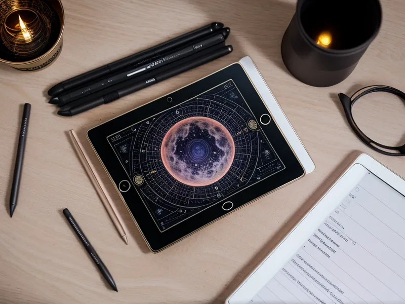 Digital tablet displaying a natal moon chart beside a hand-drawn transit timeline comparing two lunar cycles tracking methods