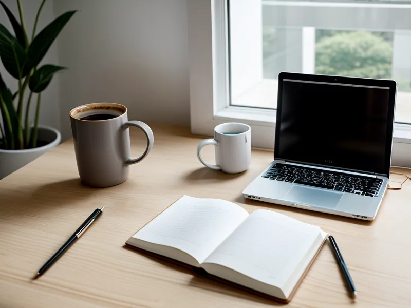 Minimalist workspace with a coffee mug and a soul manifestation report on a tablet.