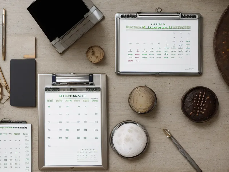 Lunar tracking spreadsheet cross-referencing moon void of course windows against a project management meeting schedule