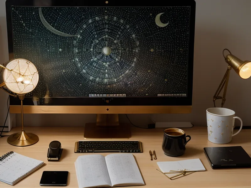 A modern digital astrology chart showing complex planetary aspects on a laptop screen.