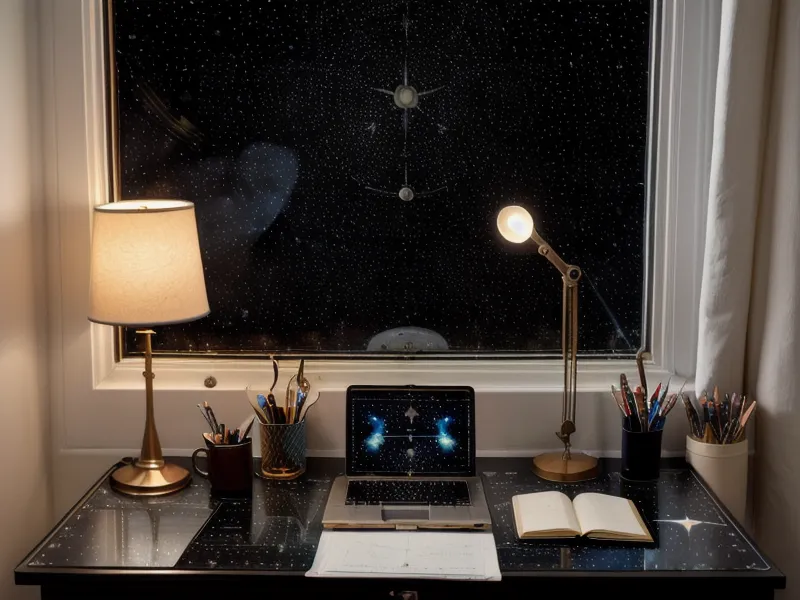 Minimalist desk with a snowstorm outside and a lunar calendar tracking second house moon transits