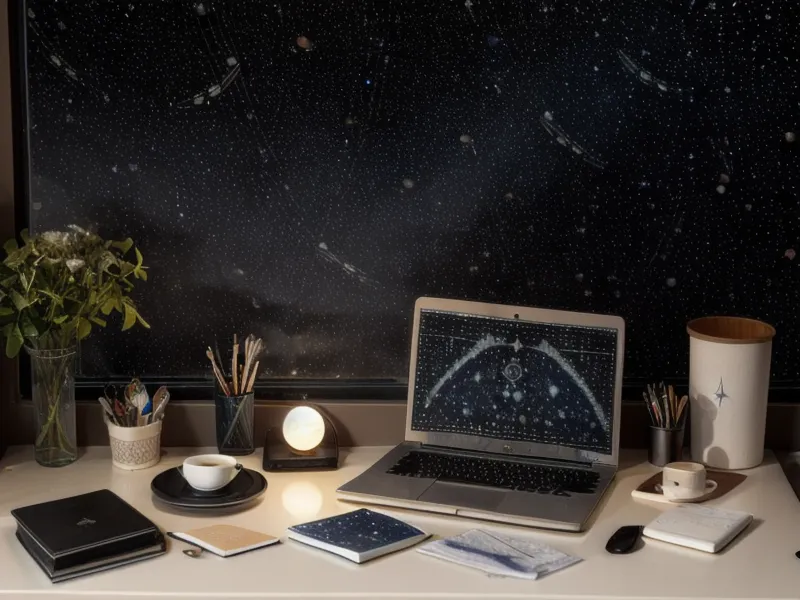 Top-down view of a planner tracking lunar cycles and astrology transits alongside work deadlines