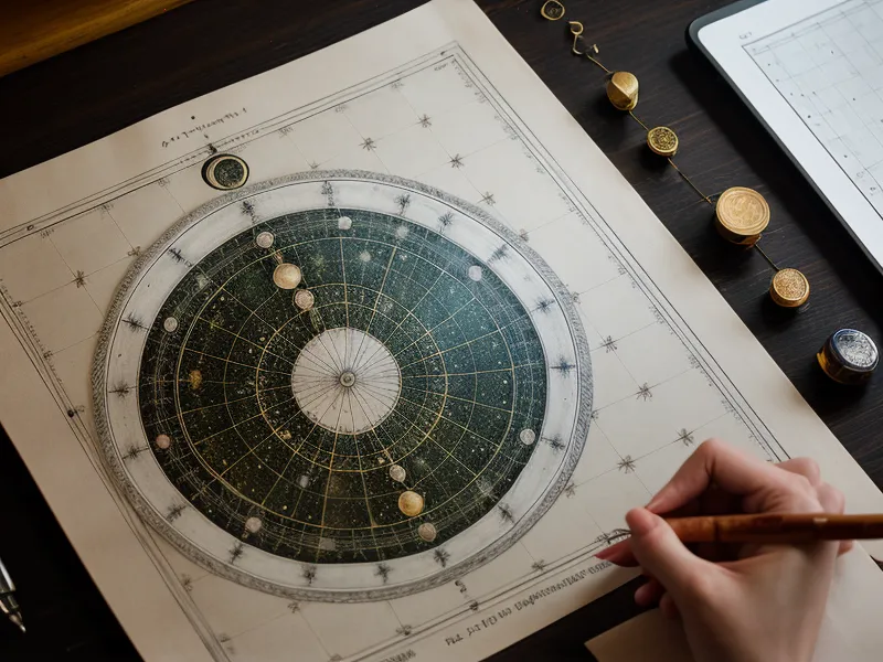 A notebook showing astrological elements and a lunar cycle chart.